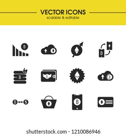 Cryptocurrency icons set with exchange currency, cart ethereum and upload litecoin elements. Set of cryptocurrency icons and purse concept. Editable vector elements for logo app UI design.