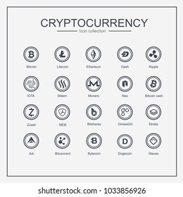 Cryptocurrency icons set for internet and digital money. Symbols for using in web projects or mobile applications. Blockchain based secure. Isolated outline vector sign.