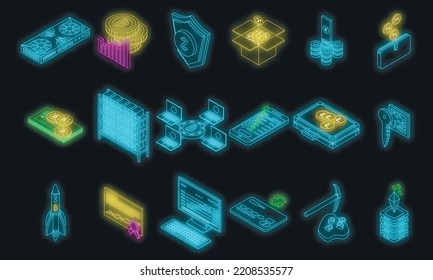 Conjunto de iconos de criptodivisa. Conjunto isométrico de iconos de vector criptodivisa neón color en negro