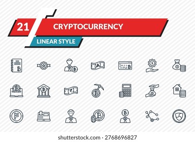 cryptocurrency icons set - ledger, best seller, banker, node, nem outline vector collection.