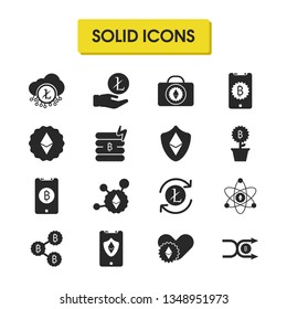 Cryptocurrency icons set with litecoin clouds, ethereum phone and phone bitcoin elements. Set of cryptocurrency icons and touchscreen concept. Editable vector elements for logo app UI design.