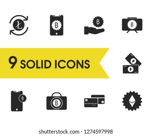 Cryptocurrency icons set with lock bitcoin, note ethereum and bitcoin cards elements. Set of cryptocurrency icons and banknote concept. Editable vector elements for logo app UI design.