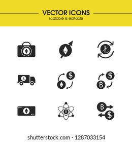 Cryptocurrency icons set with lock ethereum, exchange ethereum and litecoin exchange elements. Set of cryptocurrency icons and exchange dollar concept. Editable vector elements for logo app UI design.