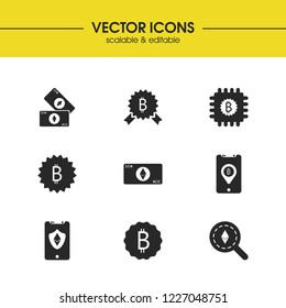 Cryptocurrency icons set with look ethereum, telephone and banknote elements. Set of cryptocurrency icons and premium concept. Editable vector elements for logo app UI design.