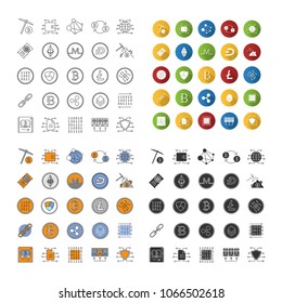 Cryptocurrency icons set. Mining business. E-currency. Linear, flat design, color and glyph styles. Isolated vector illustrations