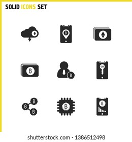 Cryptocurrency icons set with mobile graphic bitcoin, bitcoin manager and ethereum cloud elements. Set of cryptocurrency icons and ruby concept. Editable vector elements for logo app UI design.