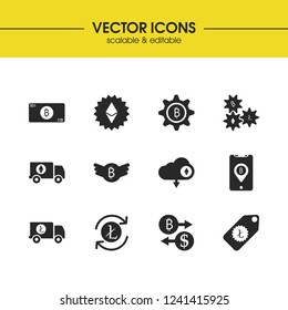 Cryptocurrency icons set with note bircoin, change currency and litecoin exchange elements. Set of cryptocurrency icons and truck concept. Editable vector elements for logo app UI design.