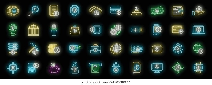 Cryptocurrency icons set outline vector. Blockchain ledger. Miner innovation neon color on black
