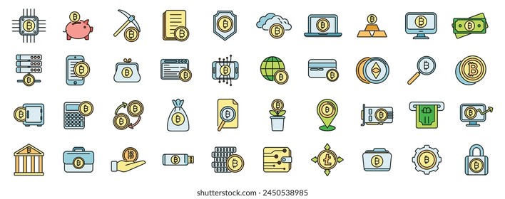 Cryptocurrency icons set outline vector. Blockchain ledger. Miner innovation thin line color flat on white