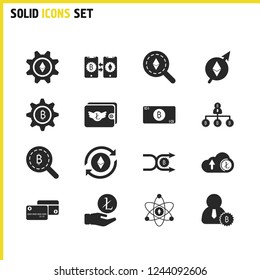 Cryptocurrency icons set with reload bitcoin, upload litecoin and look bitcoin elements. Set of cryptocurrency icons and options concept. Editable vector elements for logo app UI design.