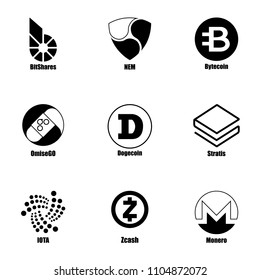 Cryptocurrency icons set. Simple set of 9 cryptocurrency vector icons for web isolated on white background