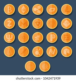 Cryptocurrency icons set. Symbols for using in web projects or mobile applications. Blockchain based secure. Vector illustration.Eps10