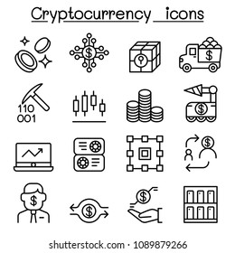 Cryptocurrency icons set in thin line style
