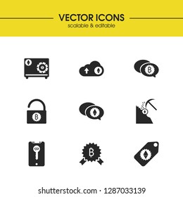 Cryptocurrency icons set with uploading, mobile key and bitcoin ethereum safe elements. Set of cryptocurrency icons and price tag concept. Editable vector elements for logo app UI design.