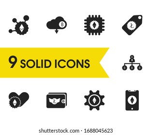 Cryptocurrency icons set with wallet litecoin, love ethereum and cellphone elements. Set of cryptocurrency icons and heart eth concept. Editable vector elements for logo app UI design.