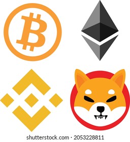 Cryptocurrency Icons, Shiba Inu, Bitcoin, Ethereum, Binance Coin