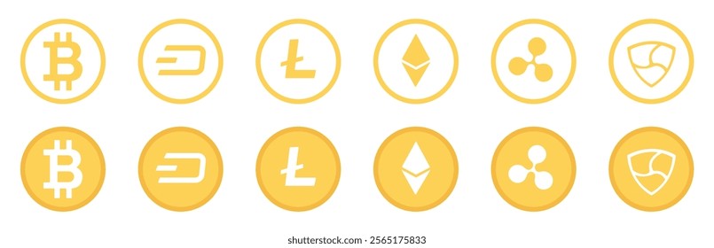 Cryptocurrency icons showing bitcoin, dash, litecoin, ethereum, ripple and nem symbols in round badge style, ideal for crypto apps, wallets and exchange UI.