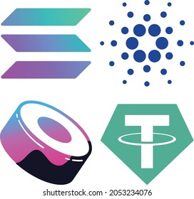 Cryptocurrency Icons, Solana, Cardano, Shushi Swap, USD Tether