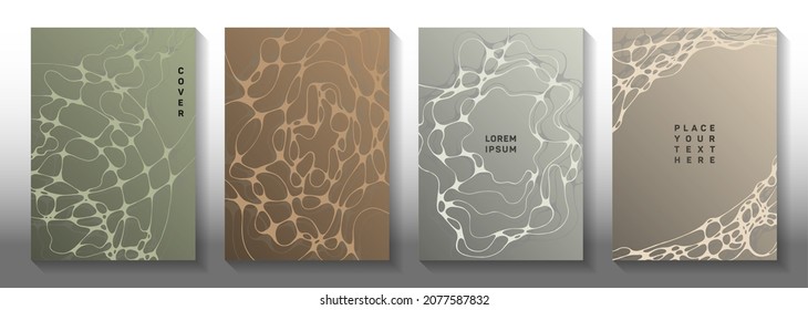 Cryptocurrency idea abstract vector covers. Liquid waves bubble backdrops. Openwork magazine vector templates. Hi tech cover pages graphic design set.