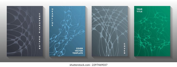 Cryptocurrency idea abstract vector covers. Linked waves connection backdrops. Delicate cover vector layouts. Hi tech cover pages graphic design set.