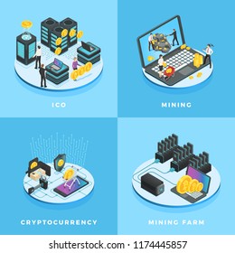 Cryptocurrency illustration. Electronic money, currency mining, ICO and bitcoin blockchain computer network finance investment crypto coin chain isometric cryptography concept vector illustration set