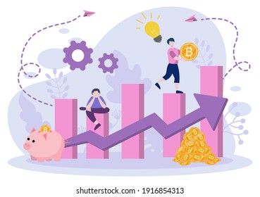 Cryptocurrency Illustration Flat Design with Businessman Miners and Coins. for Financial Technology, Blockchain, and Data Analysis.