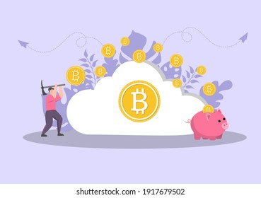 Cryptocurrency Illustration Flat Design with Businessman Miners and Coins. for Financial Technology, Blockchain, and Data Analysis.