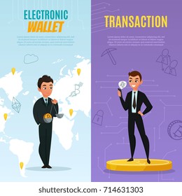 Cryptocurrency international electronic wallet vertical banners set cartoon isolated vector illustration