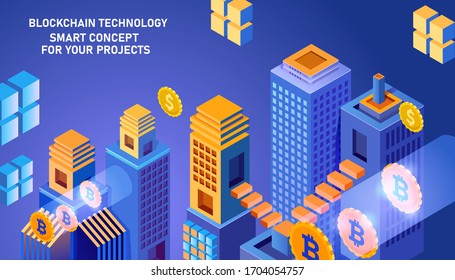 Cryptocurrency investment. Block chain technology, smart city. Vector isometric creative illustration. Data save and protection.