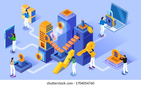 Cryptocurrency investment. Block chain technology, smart city. Vector isometric creative illustration. Data save and protection.