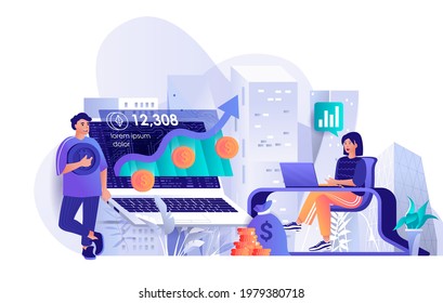 Cryptocurrency investment concept in flat design. Profitable investment in digital money mining scene template. Increase in income, profit growth. Vector illustration of people characters activities