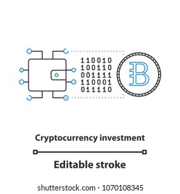 Cryptocurrency investment concept icon. Bitcoin mining idea thin line illustration. Digital wallet. Vector isolated outline drawing. Editable stroke