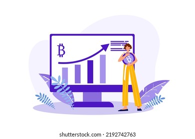 Cryptocurrency investment concept with people scene in the flat cartoon style. Woman follows the course on cryptocurrency exchange in order to make right investment. Vector illustration.