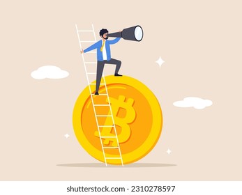 Cryptocurrency investment concept. Vision to discover high profit bitcoin or crypto coin, future growth or best performance token, businessman with telescope climb up crypto coin to see opportunity. svg