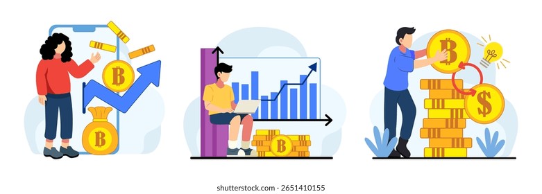Investimento criptomoeda, troca e vetor de negociação. Bitcoin, câmbio de dólar e conceito de crescimento financeiro. ilustração plana