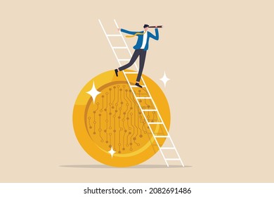 Cryptocurrency investment opportunity, vision to discover high profit crypto coin, future growth or best performance token concept, businessman with telescope climb up crypto coin to see opportunity. svg