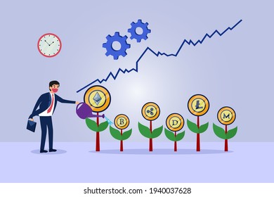 Cryptocurrency investment vector concept. Businessman wearing face mask while watering plants with cryptocurrency symbol in growth chart background