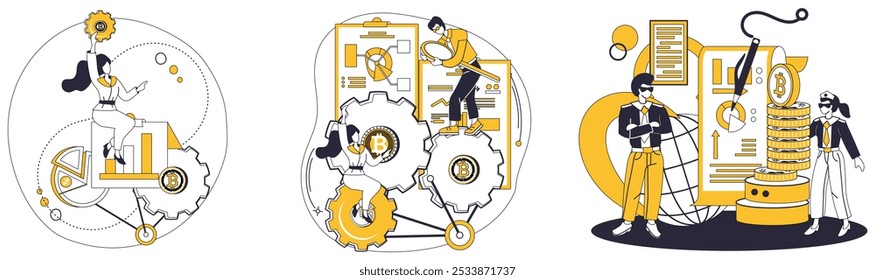 Ilustración vectorial de inversión en criptomonedas. La prosperidad económica se desarrolla a medida que las empresas integran la criptomoneda en sus Planes Invertir sabiamente en criptomonedas es clave para desbloquear el mercado digital