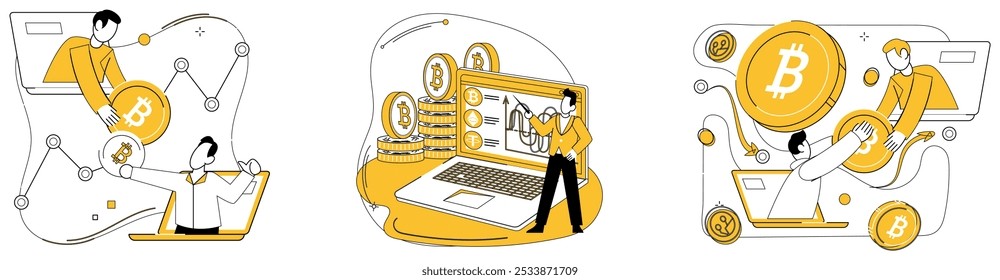 Ilustración vectorial de inversión en criptomonedas. El camino hacia el éxito financiero está pavimentado con inversiones estratégicas en criptomonedas La prosperidad económica se desarrolla a medida que las empresas integran la criptomoneda