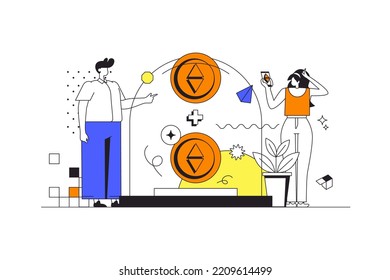 Cryptocurrency investment web concept in flat outline design with characters. Man and woman buying bitcoins and increases income, digital money. Crypto business people scene. Vector illustration.