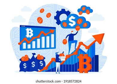 Cryptocurrency investment web design concept with people. Investor stands on growing graph scene. Crypto business composition in flat style. Vector illustration for social media promotional materials.