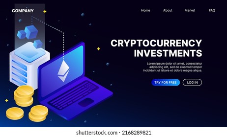 Cryptocurrency Investments. Landing Page Template for Online Platform, Website, Application. Vector illustration