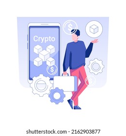 Cryptocurrency investor isolated concept vector illustration. Businessman invests in cryptocurrency, financial literacy, raising money, coins growth, blockchain technology vector concept.