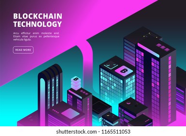 Cryptocurrency isometric concept. Blockchain and bitcoin exchange background with smart city buildings. Vector illustration. Ultraviolet skyscraper building, ico business