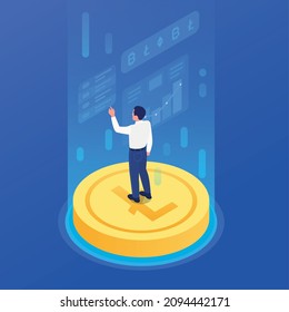 Cryptocurrency isometric concept with human character standing on coin against blue background 3d vector illustration