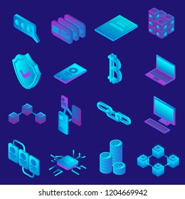 Cryptocurrency isometric icon set. Illustration set of cryptocurrency isometric vector icons for web design