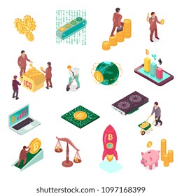 Ikonen mit Kryptowährung-Icons Satz von Hardware-Minenblockketten ico Raketenbilder Vektorillustration Illustration