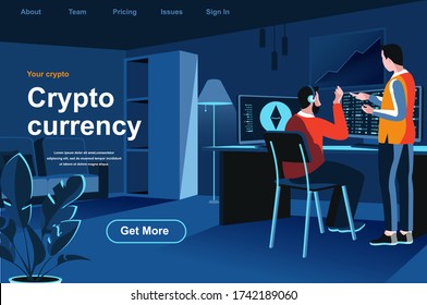 Cryptocurrency isometric landing page. Blockchain developers working with computer website template. Cryptocurrency mining, exchange and trading platform perspective flat design. Vector illustration.