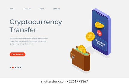 Cryptocurrency isometric landing page with smartphone, wallet, and crypto coins, Crypto exchange