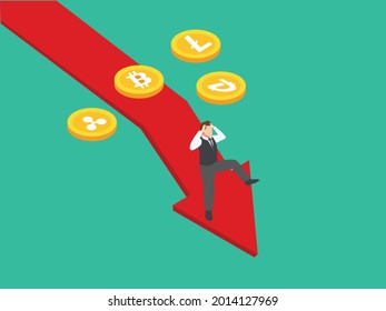 Cryptocurrency isometric vector concept. Businessman sliding on the cryptocurrency decline price arrow